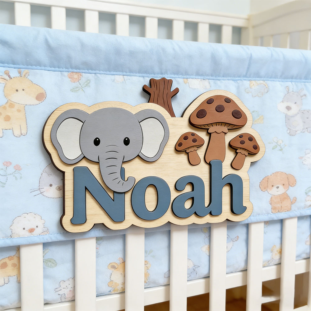 Baby Nursery Themes Girl - Özelleştirilebilir Karikatür Fil ve Mantar İsim