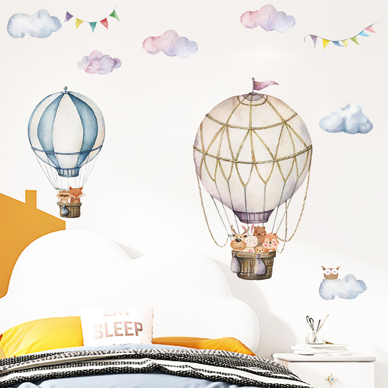 Baby Nursery Mural Wallpaper - Karikatür Hayvan Sıcak Hava Balonu duvar