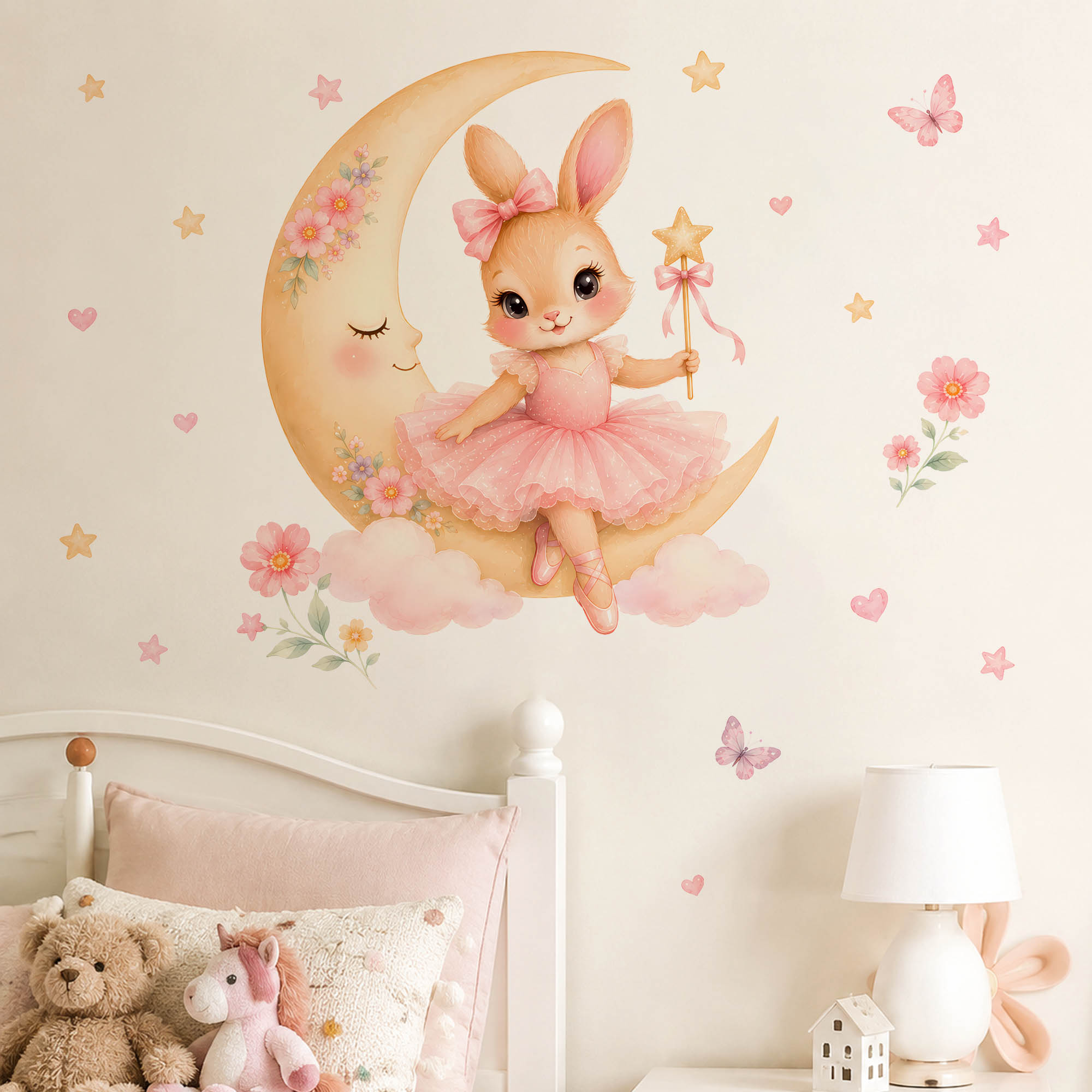 Baby Girl Nursery Quotes - Suluboya Balerin Tavşanlı Ay Duvar Çıkartmaları