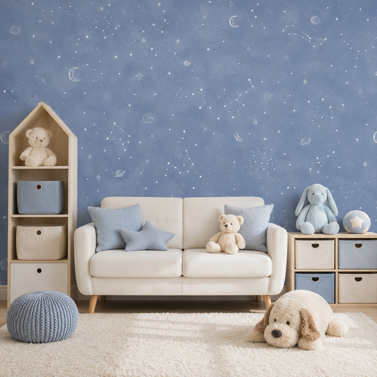 Baby Nursery Mural Wallpaper - Mavi Yıldızlı Gökyüzü Kendinden Yapışkanlı Duvar