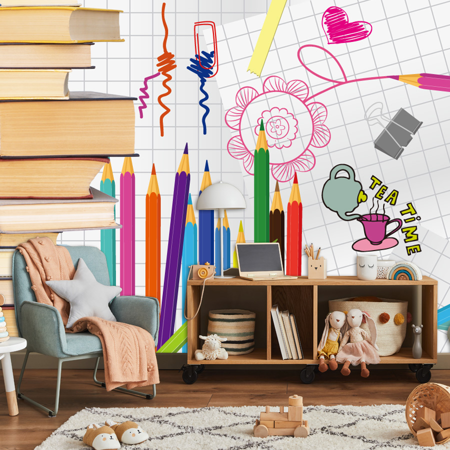 Baby Nursery Mural Wallpaper - Oturma Odası Kitapları Çizim Duvar Kağıtları