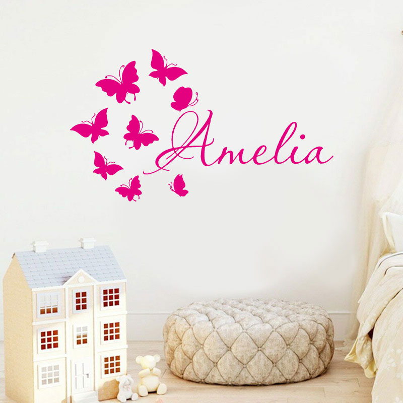Baby Nursery Mural Wallpaper - Kişiselleştirilmiş Kız Adı Karikatür Kelebek Duvar