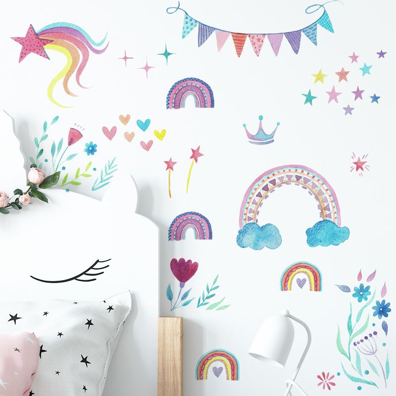 Baby Nursery Mural Wallpaper - Çizgi Film Gökkuşağı Yıldızları Duvar Çıkartması