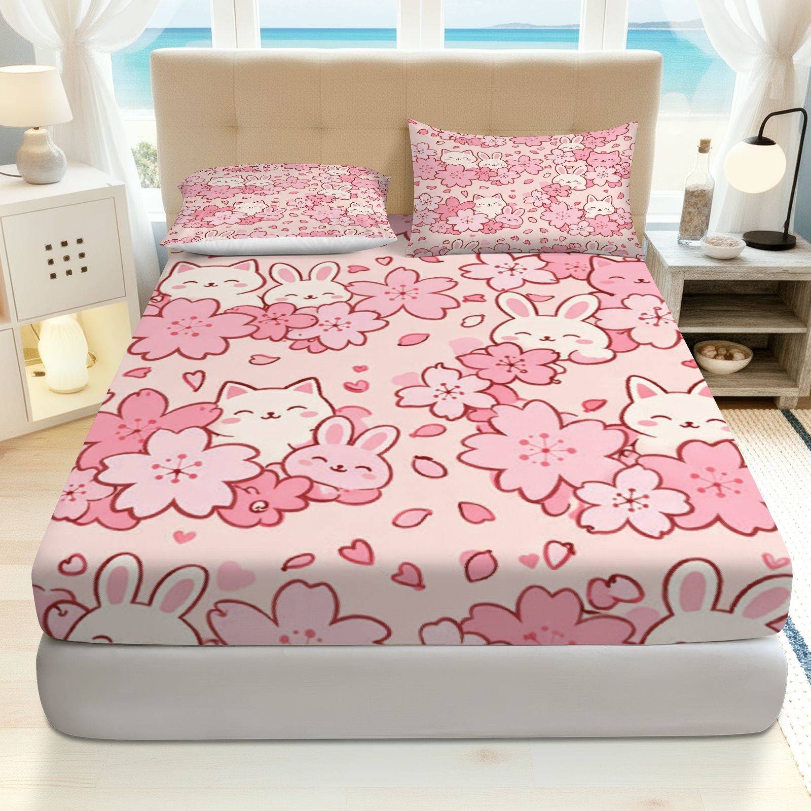 Baby Nursery Sets - Sakura Tavşan Kedi Yatak Seti, Nefes