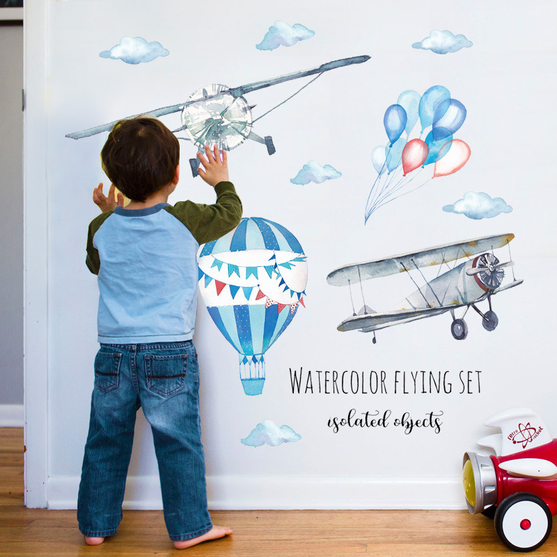 Baby Nursery Mural Wallpaper - Suluboya Uçak Sıcak Hava Balonu Duvar